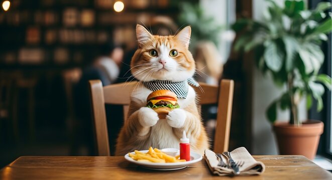 Funny ginger cat wearing neckerchief holding small delicious burger while sitting at restaurant table with french fries.