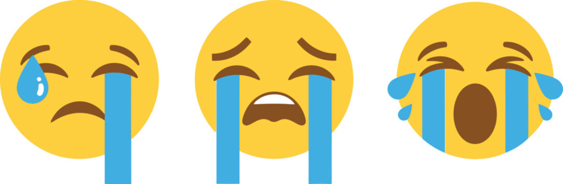 A sequence of three yellow emoji faces depicting escalating levels of sadness and emotional distress from mild to extreme grief