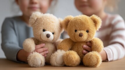Fototapeta premium Two Adorable Teddy Bears Held by Children in Soft and Cozy Setting for Children's Room Decor or Gift Ideas