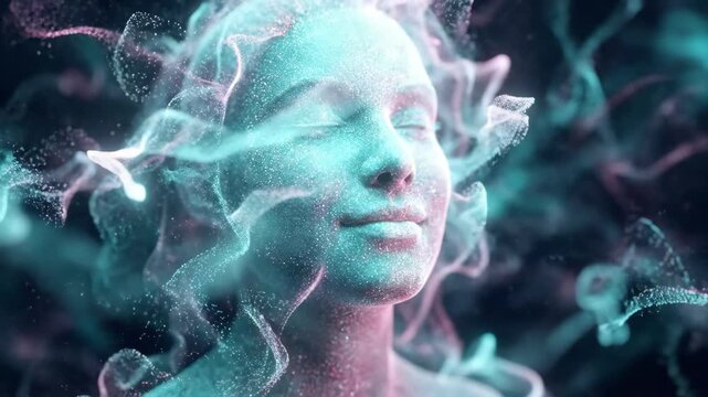 Womans serene face emerging from digital particles. Ethereal transformation in cyber mist. Futuristic beauty and meditation concept blending technology with human essence.