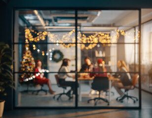Fototapeta premium Elegant blurred holiday office party background with warm glowing lights. Defocused festive corporate celebration scene for seasonal business event, greeting design or premium banner. 