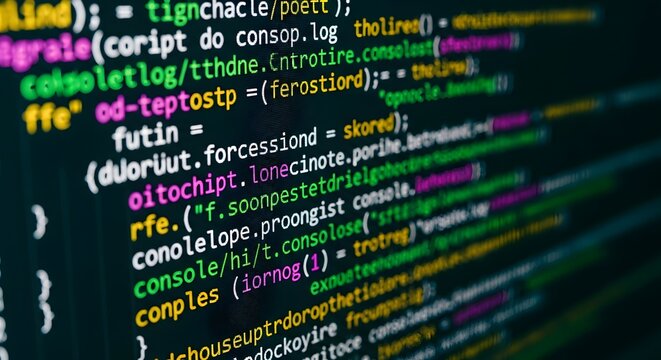 Close-up of colorful computer code on a dark screen, programming and software