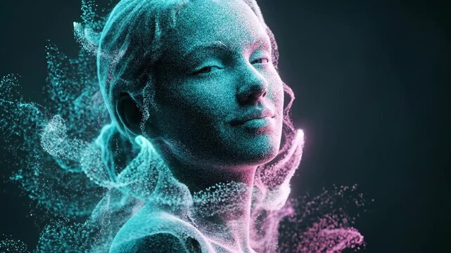 Womans serene face materializing from cyan particles. Ethereal digital portrait in blue tones. Particle animation showing beauty transformation concept.