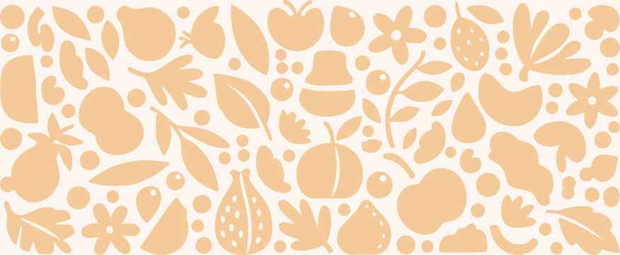 Abstract Kombucha Botanical Background Pattern Vector, Fermentation Ingredients Doodle Drawing, Hand-drawn style Fruit Tea Illustration, Earthy Folk Art Design, Organic Silhouette Graphic