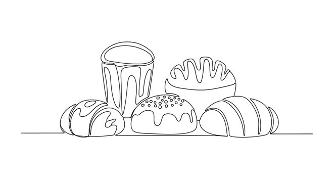 Freshly Baked Bread Assortment: Croissants, Rolls, and Pastries in Line Art Style