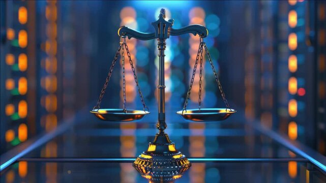 A modern, illuminated interpretation of a traditional judicial balance scale representing the intersection of law and technology.