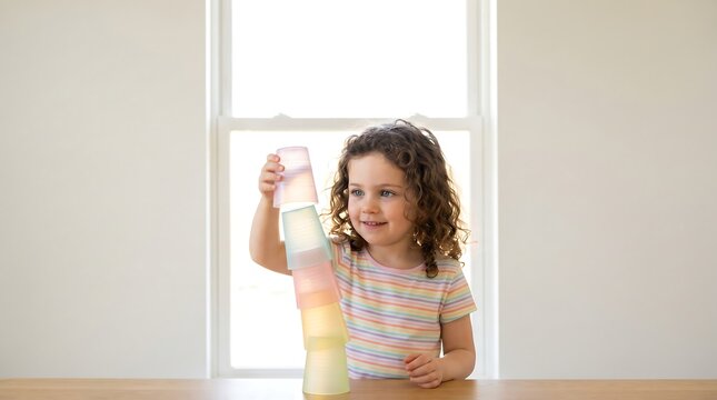 Child stacking cups tower playful learning development concept
