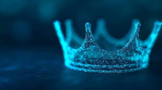 A digital wireframe crown glows blue against a dark, blurred background, symbolizing technology and royalty.