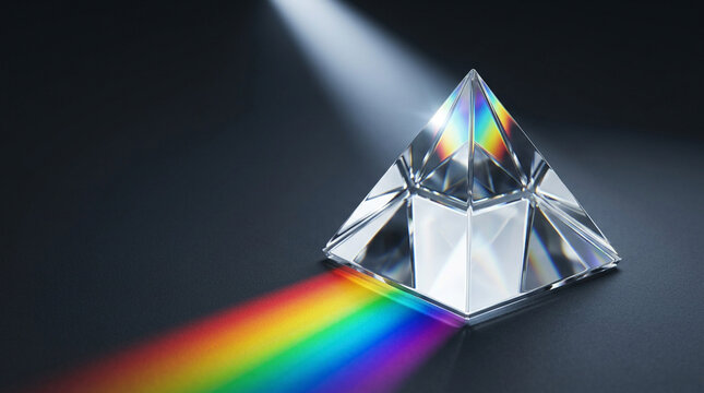 Clear faceted glass pyramid splitting light into rainbow gradient on charcoal surface AI transparency multidimensional analysis concept.
