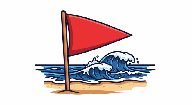 Red flag on a sandy beach with crashing ocean waves