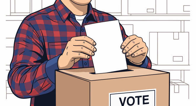 Person in checkered shirt places ballot into vote box