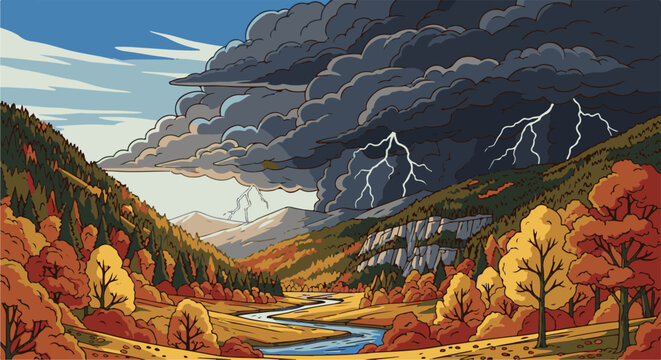 Pixel art valley with autumn trees, river, and lightning storm
