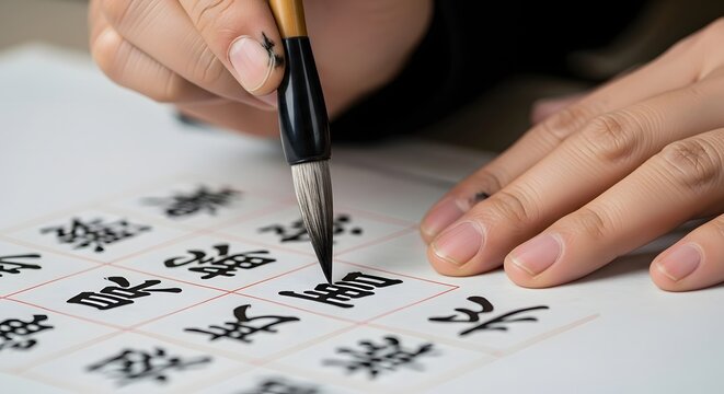 Person writing asian calligraphy with a brush on paper sheets