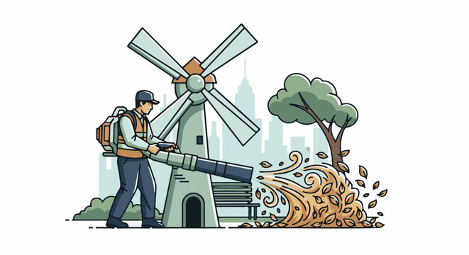 Person uses a leaf blower near a windmill and tree, with city skyline background