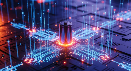 Fototapeta premium Futuristic battery cell integrated with glowing digital circuit board and data transmission
