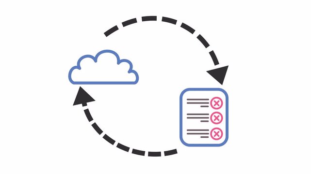 Rejected check mark on a cloud workflow and task synchronization cartoon in the alpha channel. Flat design of a cloud computing process with a wrong checklist for failed data integration symbol.