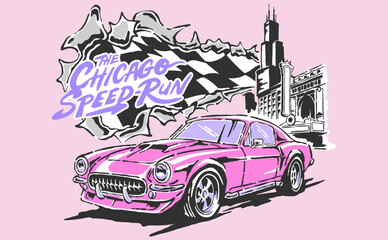 Legend race. Chicago road speed graphic print. Extreme racing. Car print design for t shirt print, poster, sticker, background and other uses. © Tri