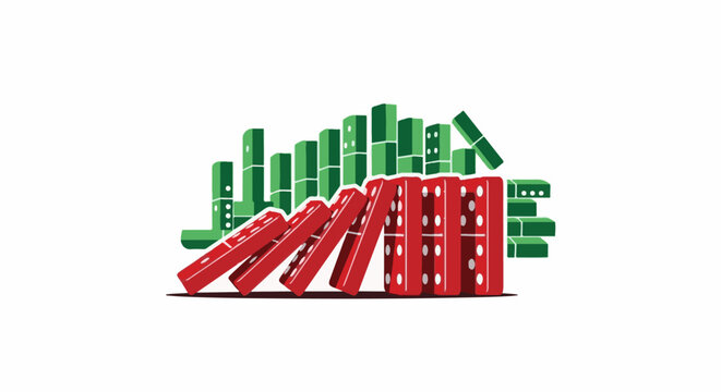 Red and green dominoes are set up in a cascading sequence