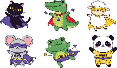 Fototapeta premium Cute Superhero Animal Cartoon Set Featuring Cat Crocodile Sheep Mouse Frog and Panda Characters in Costume for Kids Illustration Design.