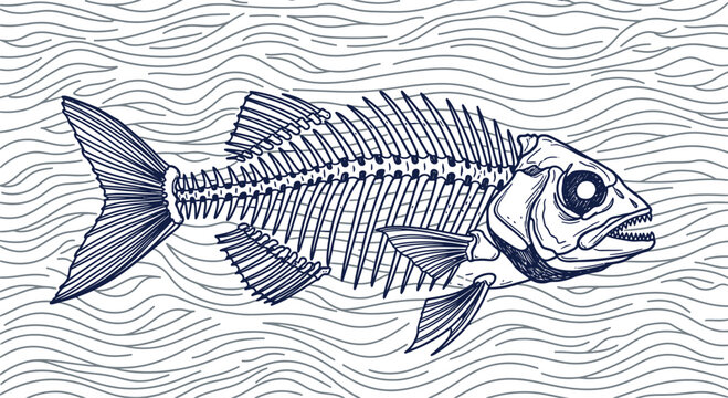 Vintage Fish Skeleton Vector Illustration on Blue Sea Waves, Hand-Drawn Linocut Style Marine Life Specimen, Nautical Bone Graphic for Seafood Restaurants, Science Education and Edgy Branding