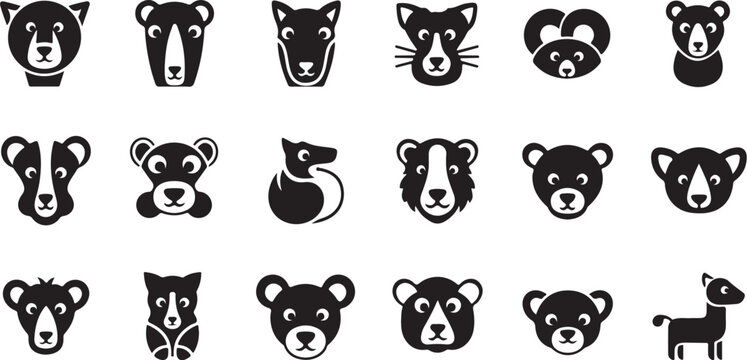 Black and white animal face icons collection