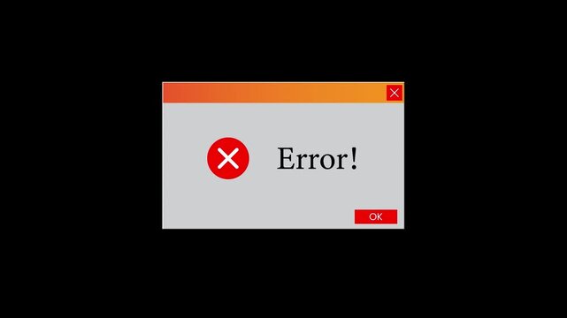 Error message notification on windows screen animation isolated on black background