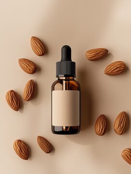 Amber Glass Dropper Bottle with Mandelic Acid Serum and Blank Label Surrounded by Almonds on Beige Background.