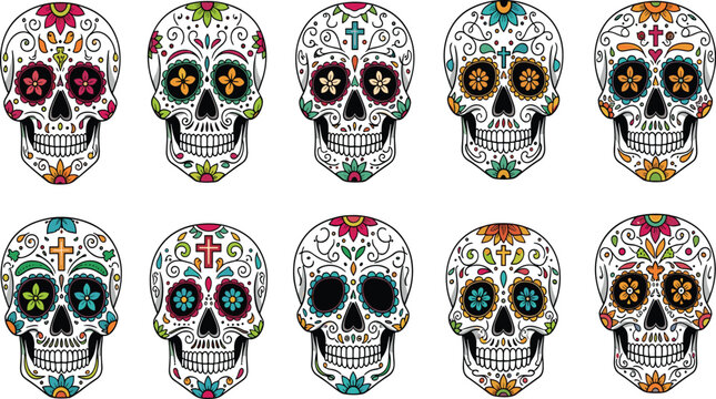 Decorative Sugar Skull Collection Featuring Day of the Dead Calavera Designs with Floral Patterns and Cross Motifs for Mexican Cultural Illustration.