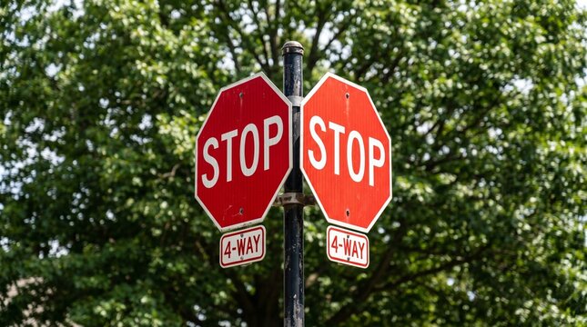 Red Stop Sign with 4 Way Plaque Close Up on Sunny Street Corner