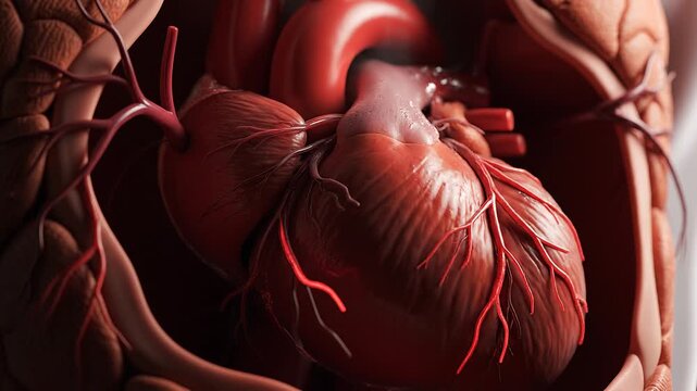 A detailed illustration of a human heart with veins and arteries in the chest cavity from an anatomical viewpoint.