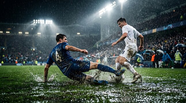 Soccer players battling in the rain on a muddy field during a night game