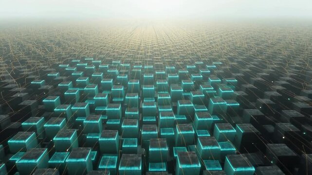 Aerial view of illuminated cubes in a misty landscape during sunrise, creating a futuristic atmosphere with geometric patterns