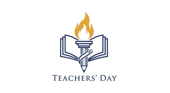 A logo celebrating Teachers' Day with a torch and book symbol