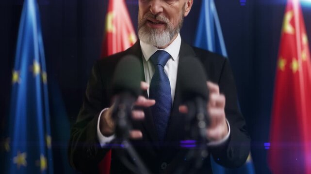 Strict European male representative speaking at podium with EU and China flags