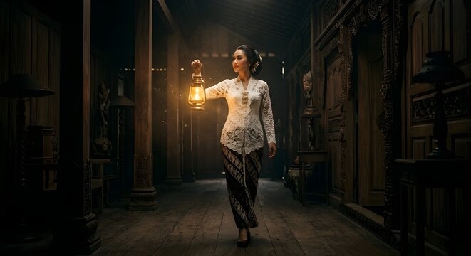 Elegant Javanese Woman in White Kebaya Holding Lantern in Traditional Joglo House