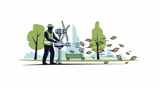 Park worker uses innovative device to blow fallen leaves away