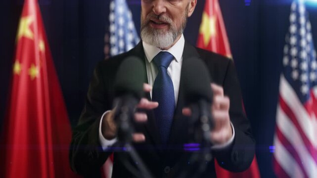 Angry congressman delivering stern speech with U.S. and China flags