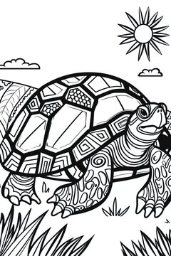 Decorative turtle for coloring page with patterned shell in nature. AI-generated.