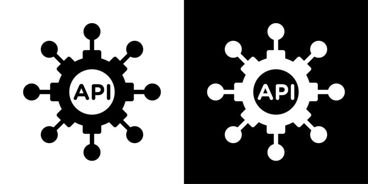 API integration icon in solid and outline styles showing connected nodes, representing data exchange, system connection, software integration and automation.