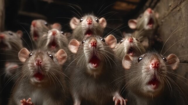 Group of Brown Rats in a Dark Environment Expressing Alarm with Open Mouths and Alert Postures, Ideal for Animal and Wildlife Themes