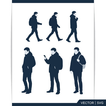 Silhouette men walking and standing with backpacks, vector illustration