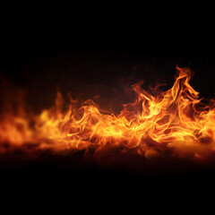 Fototapeta premium Horizontal Fire Flames Line with Bright Burning Glow, MACRO photography effect light on Black Background PNG