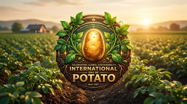 International day of potato may 30th celebration emblem in a green field at sunset