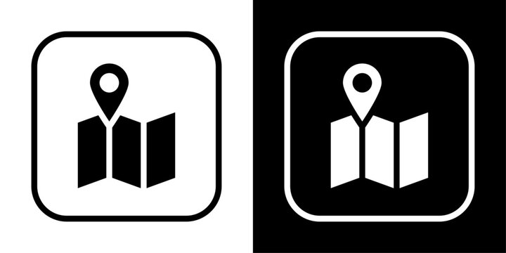 App map icon in solid fill style showing folded map with location pin in rounded square, representing navigation, GPS tracking, route planning and mobile app interface.