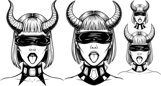 Black and white vector illustrations, screaming women with devil horns and blindfolds, graphic resources