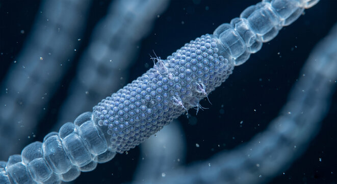 An extreme macro photograph focusing on the fine, stinging cells (nematocysts) on the tentacle of a Box Jellyfish. The shot captures the geometric, bead-like structure of the tentacle and its eerie, 