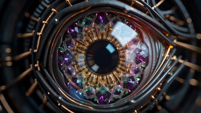 Abstract macro view of female robotic iris dilating from closed to open. Mechanical eye with metallic frame and crystal facets adjusting pupil. Futuristic bionics and cybernetic vision technology