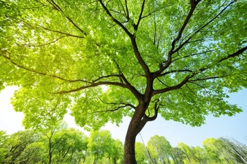 Fototapeta premium Bright Green Tree Branches Stretch Toward a Clear Blue Sky in a Forest During Daytime