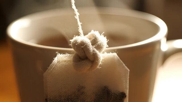 Close up of a steaming cup of tea with a tea bag.