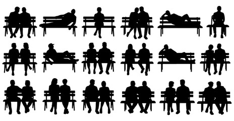 Fototapeta premium People sitting on benches silhouette vector set with couples and individuals, Crowded park bench collection featuring various sitting poses and groups